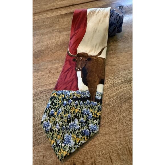 Silk Tie Ralph Marlin Co Texas Longhorn Western RM Style Signed Linda Luna Vtg - Picture 2 of 8